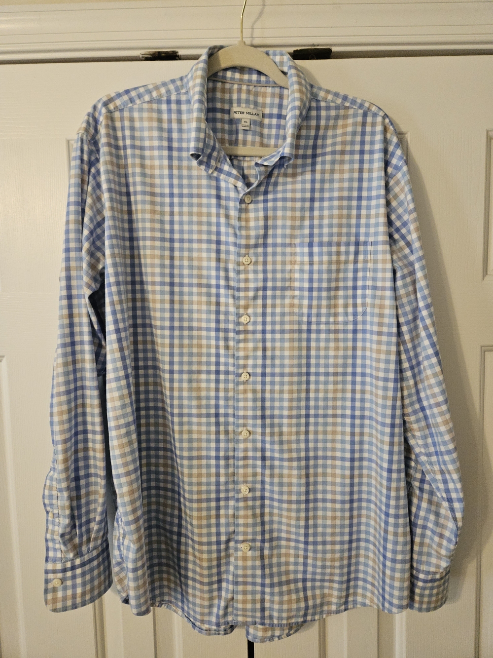 Peter Millar Men's XL Blue Beige White Check Woven Button-Up Long Sleeve Shirt